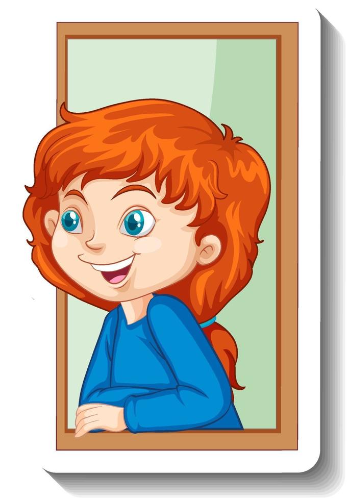 una niña mirando por la ventana pegatina de personaje de dibujos animados vector
