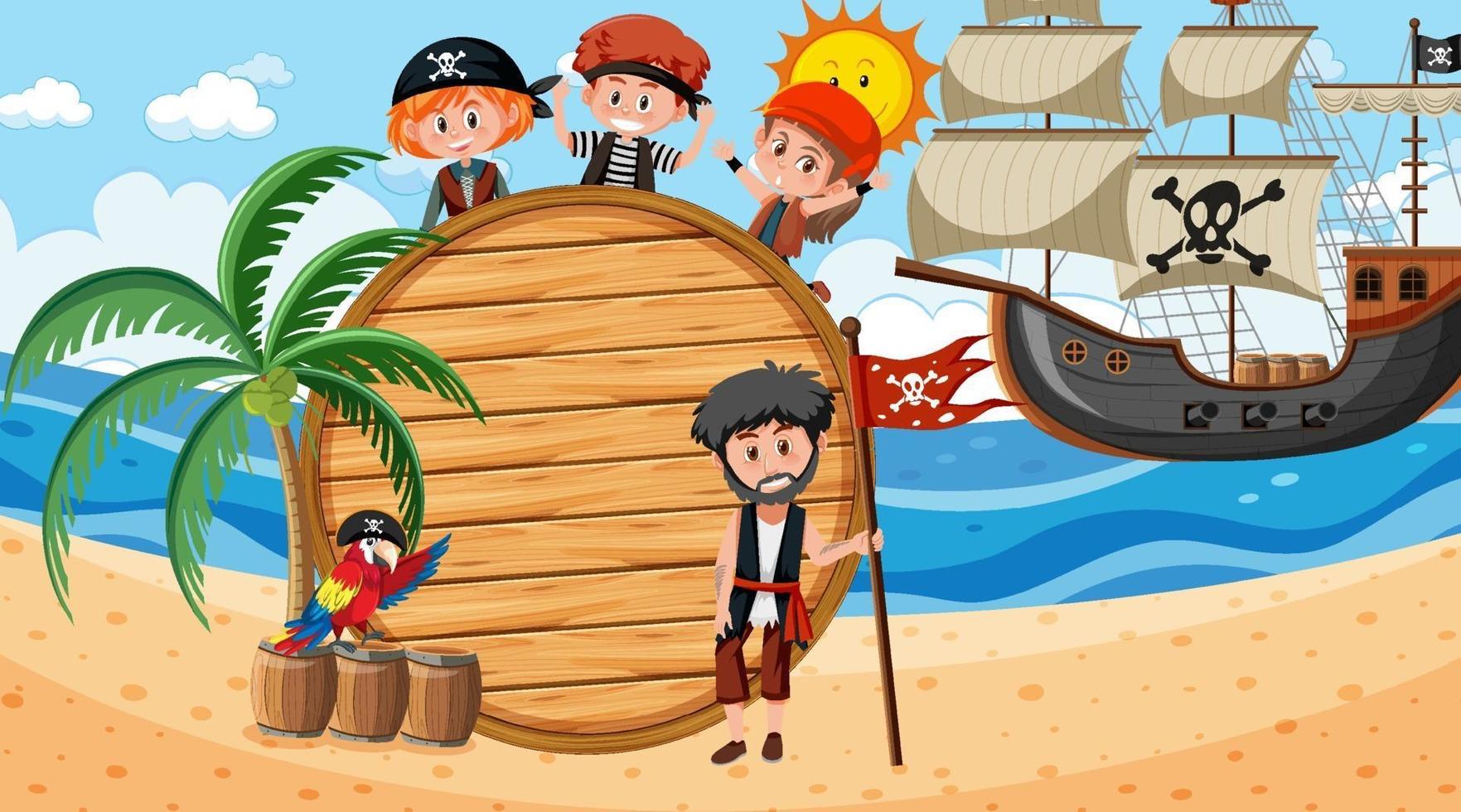 Plantilla de banner vacío con niños piratas en la escena diurna de la playa vector