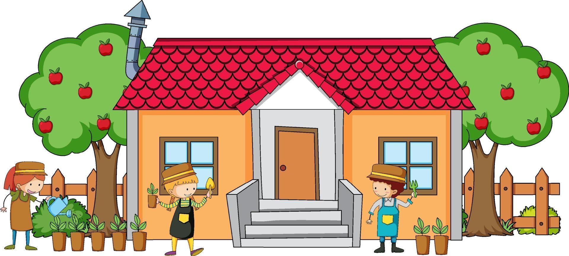 Front view of a house with many kids on white background vector