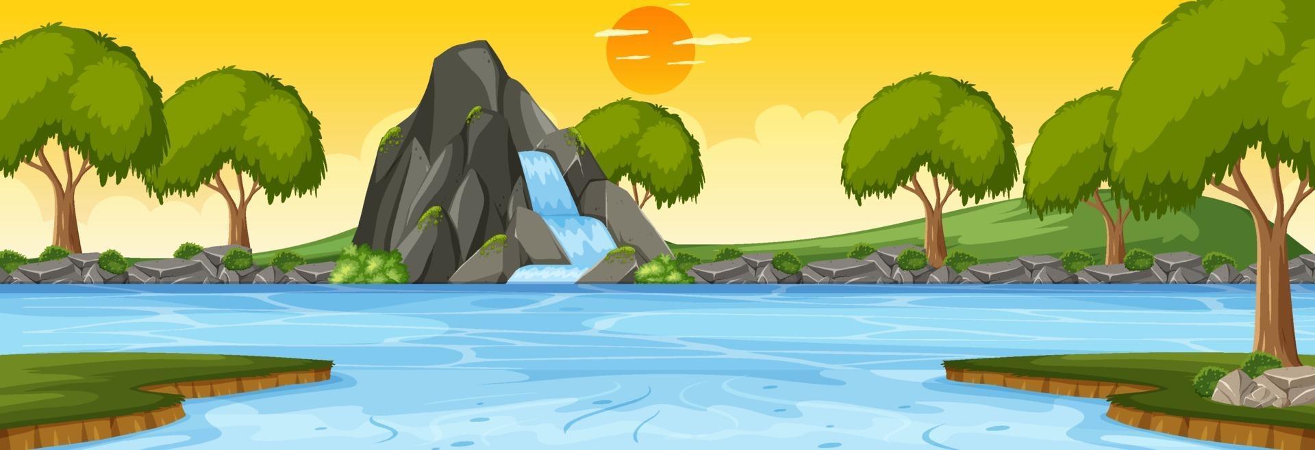 Forest horizontal scene at sunset with waterfall vector