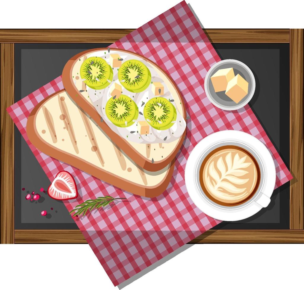 Bruschetta con una taza de café en bandeja de madera aislada vector