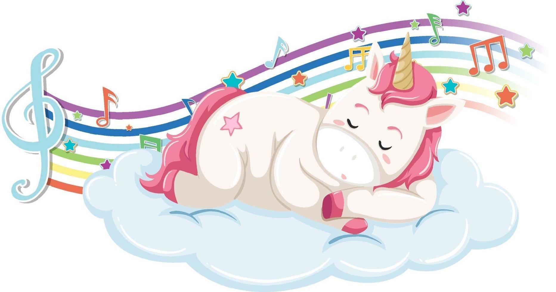 lindo unicornio durmiendo en la nube con símbolos de melodía en el arco iris vector