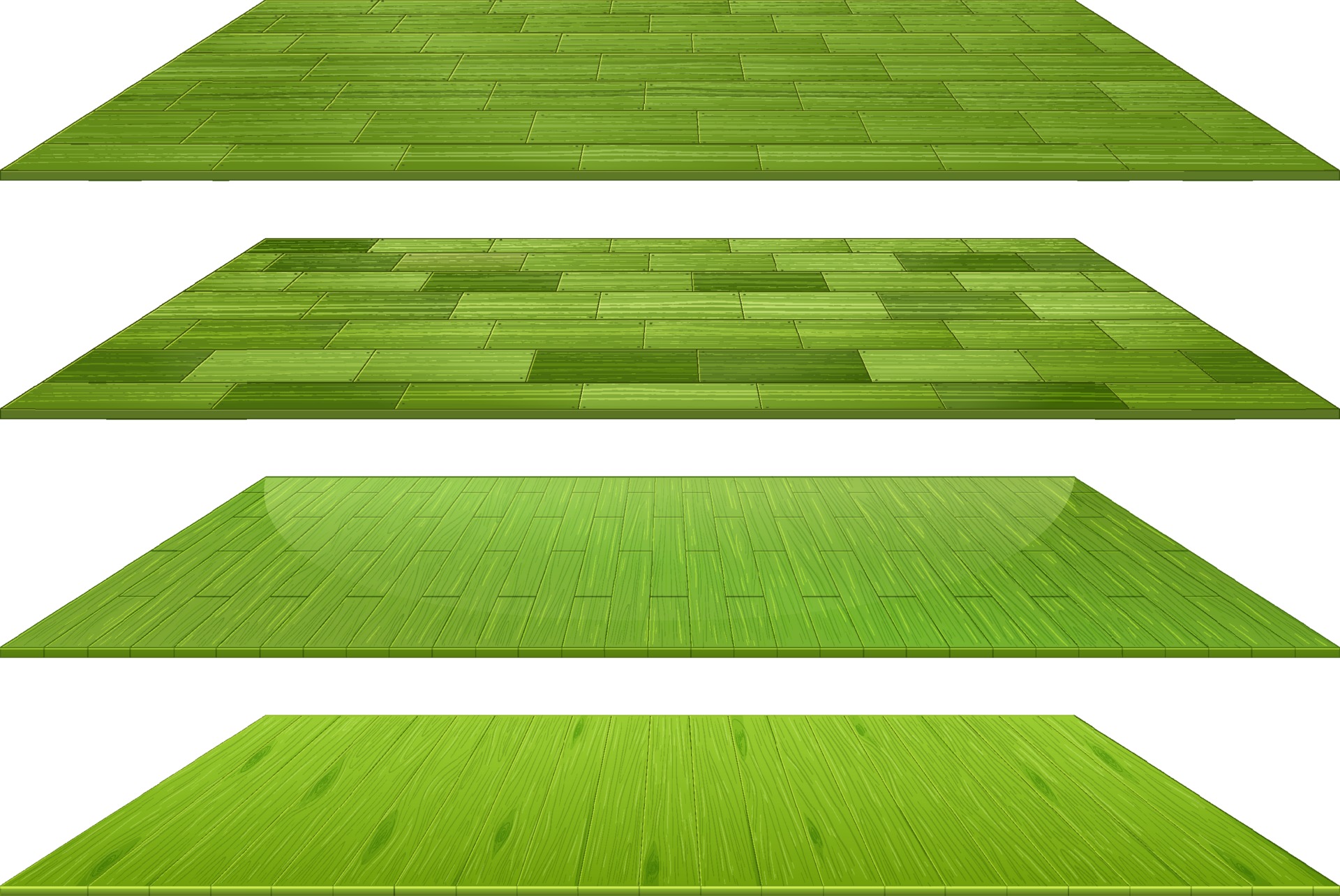 Set of different green wooden floor tiles isolated on white background