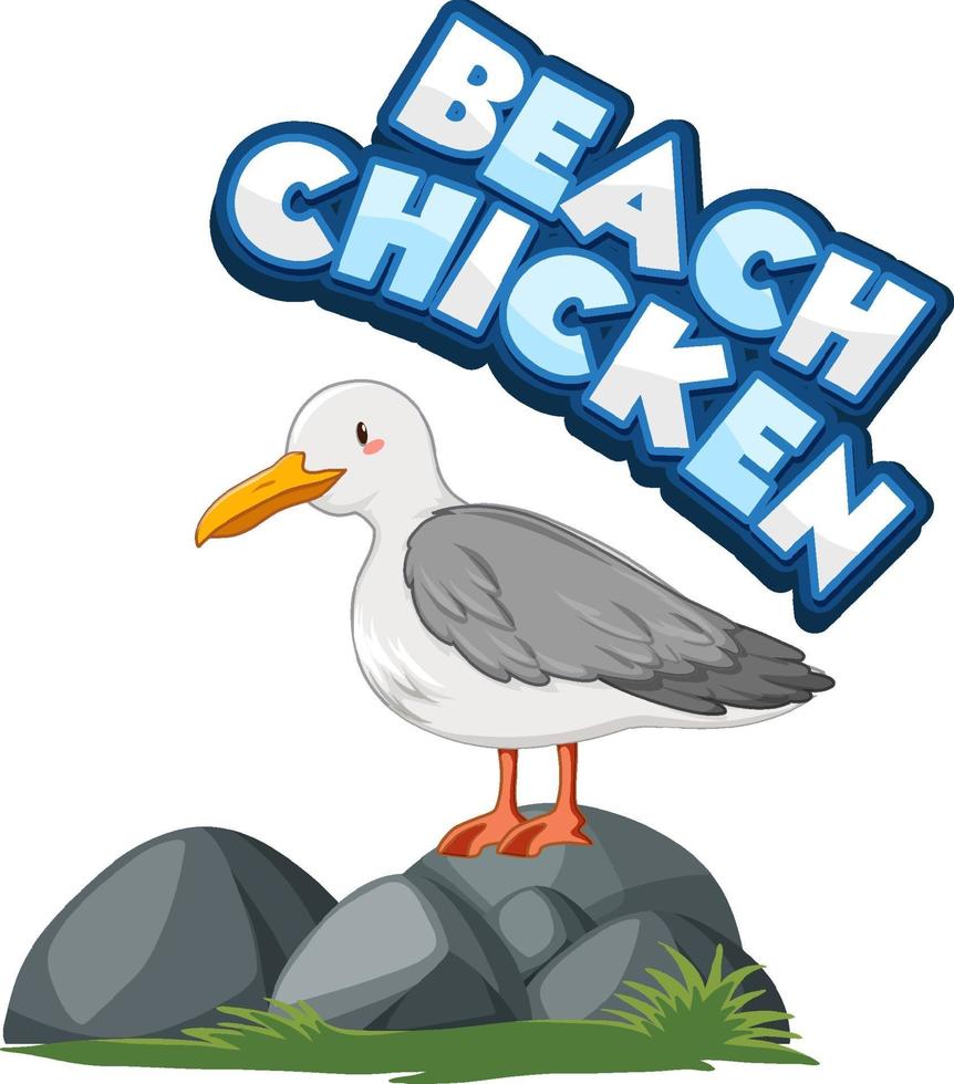 Personaje de dibujos animados de aves gaviota con banner de fuente de pollo de playa aislado vector