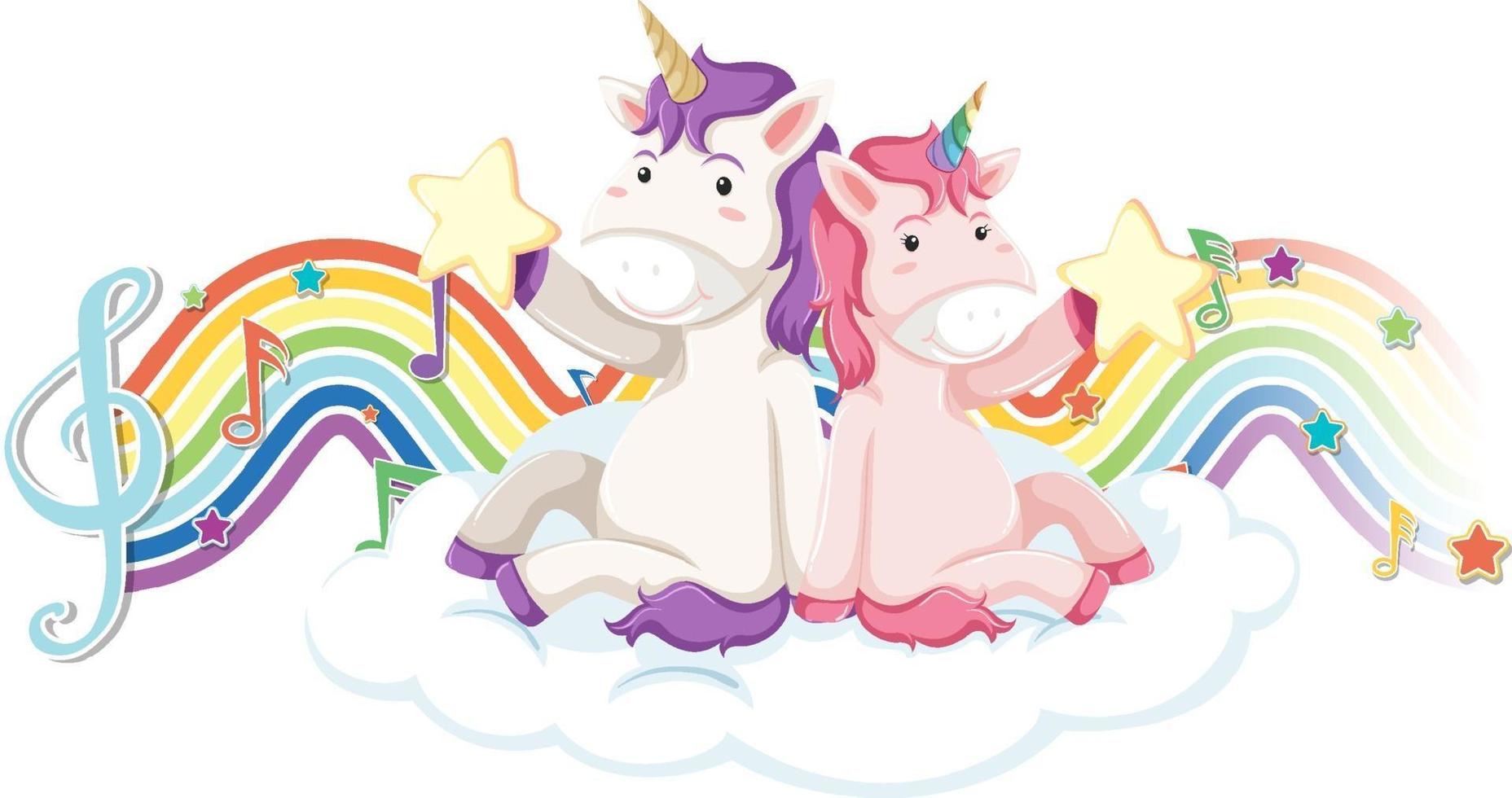 unicornio sentado en la nube con símbolos de melodía en la onda del arco iris vector