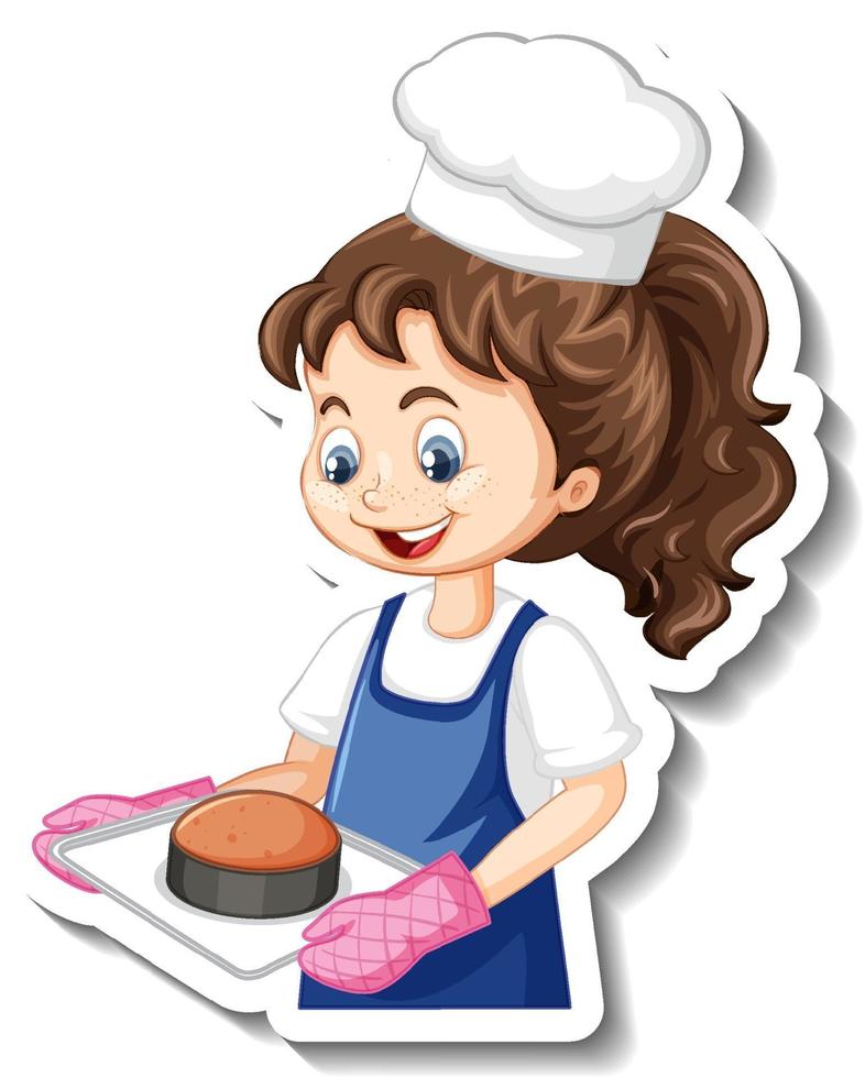 pegatina de personaje de dibujos animados con chica chef sosteniendo bandeja horneada vector