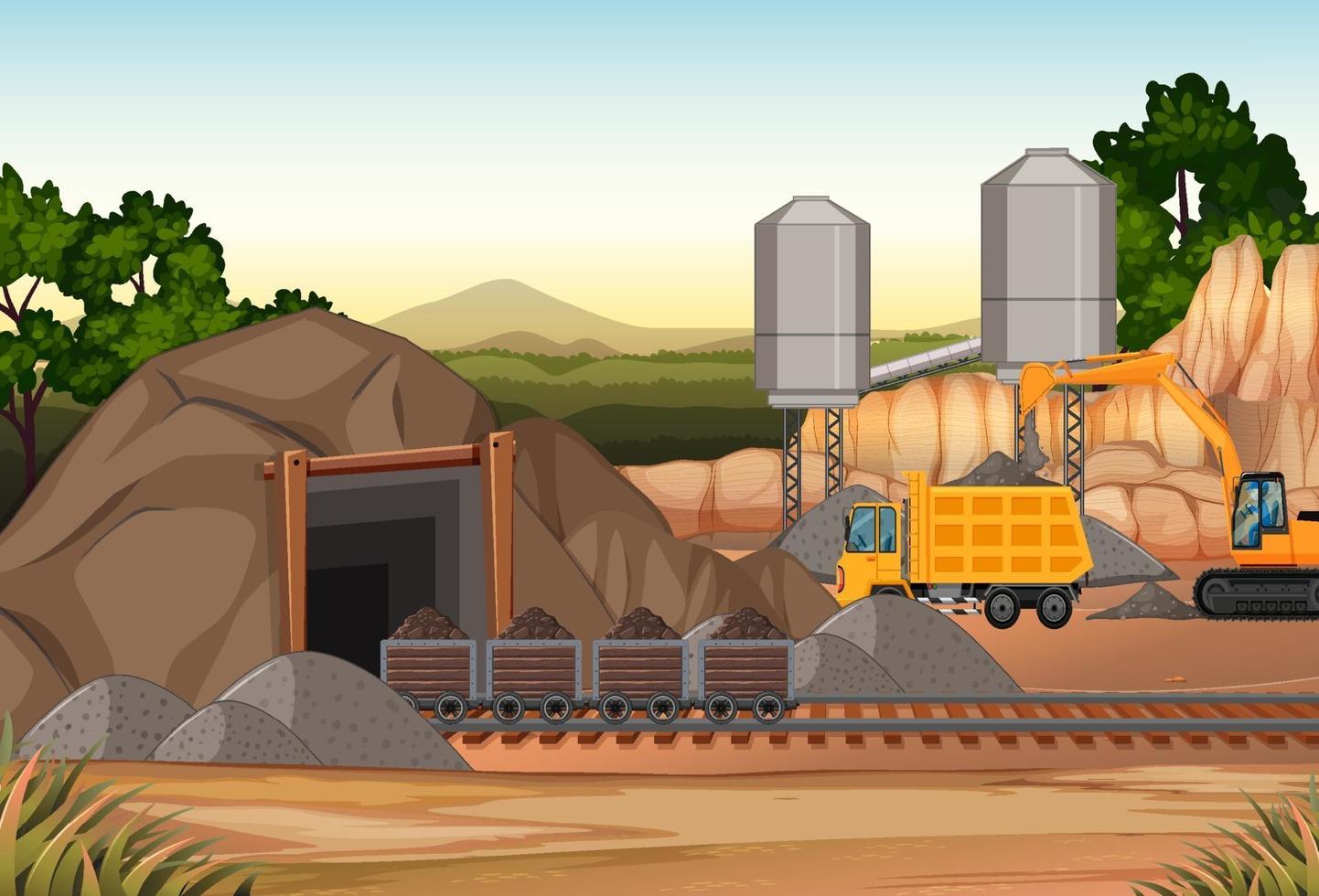 Landscape of coal mining scene with crane and trucks vector
