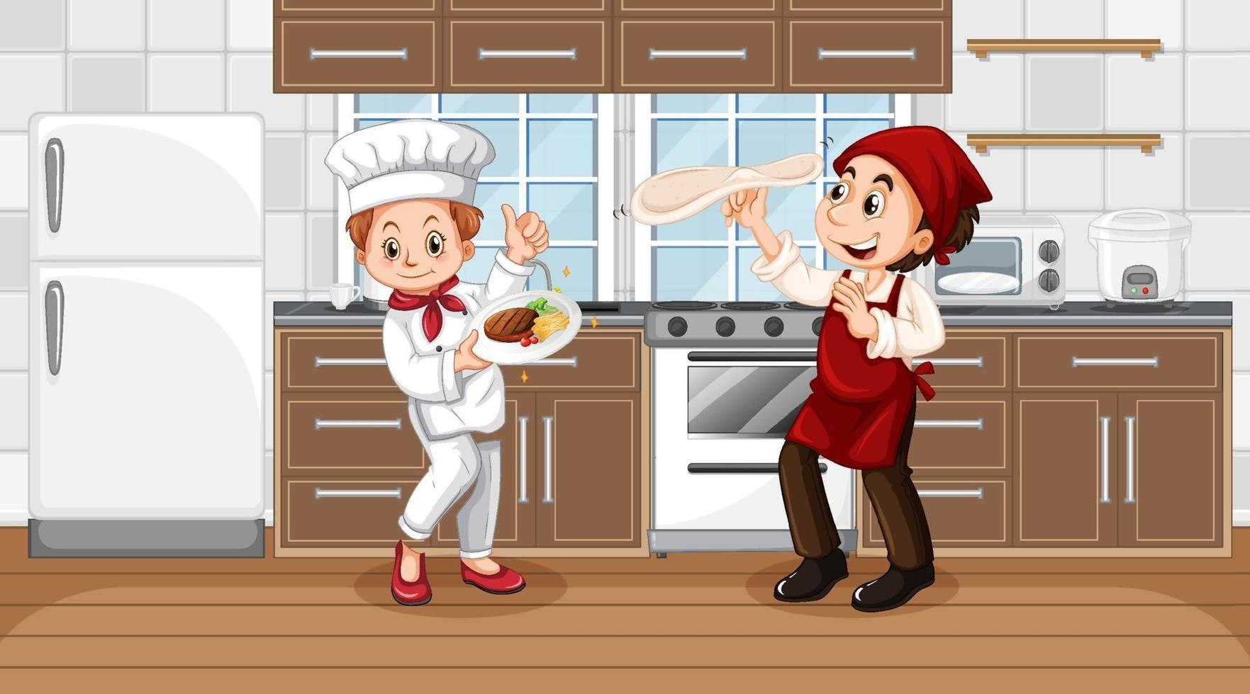 escena de la cocina con dos chefs personaje de dibujos animados vector