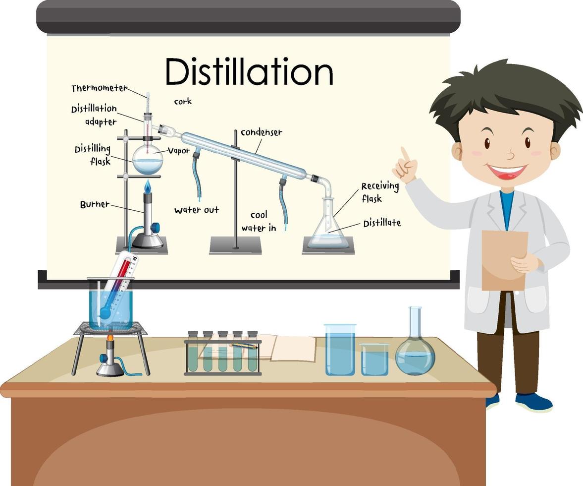 Distillation process diagram for education with scientist character vector