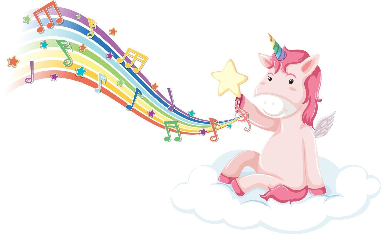 Pink unicorn sitting on the cloud with melody symbols on rainbow vector