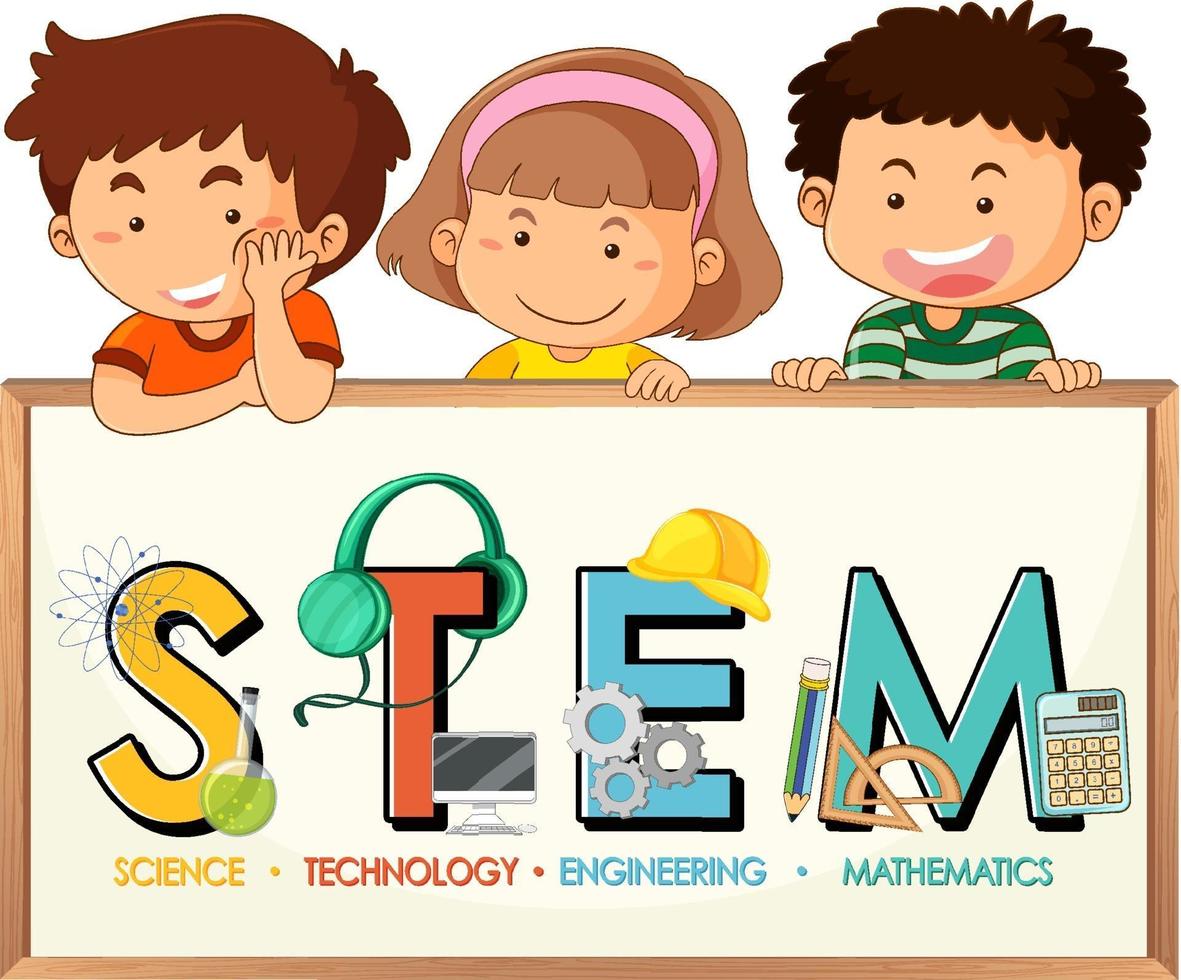 STEM education logo with little kids cartoon character vector