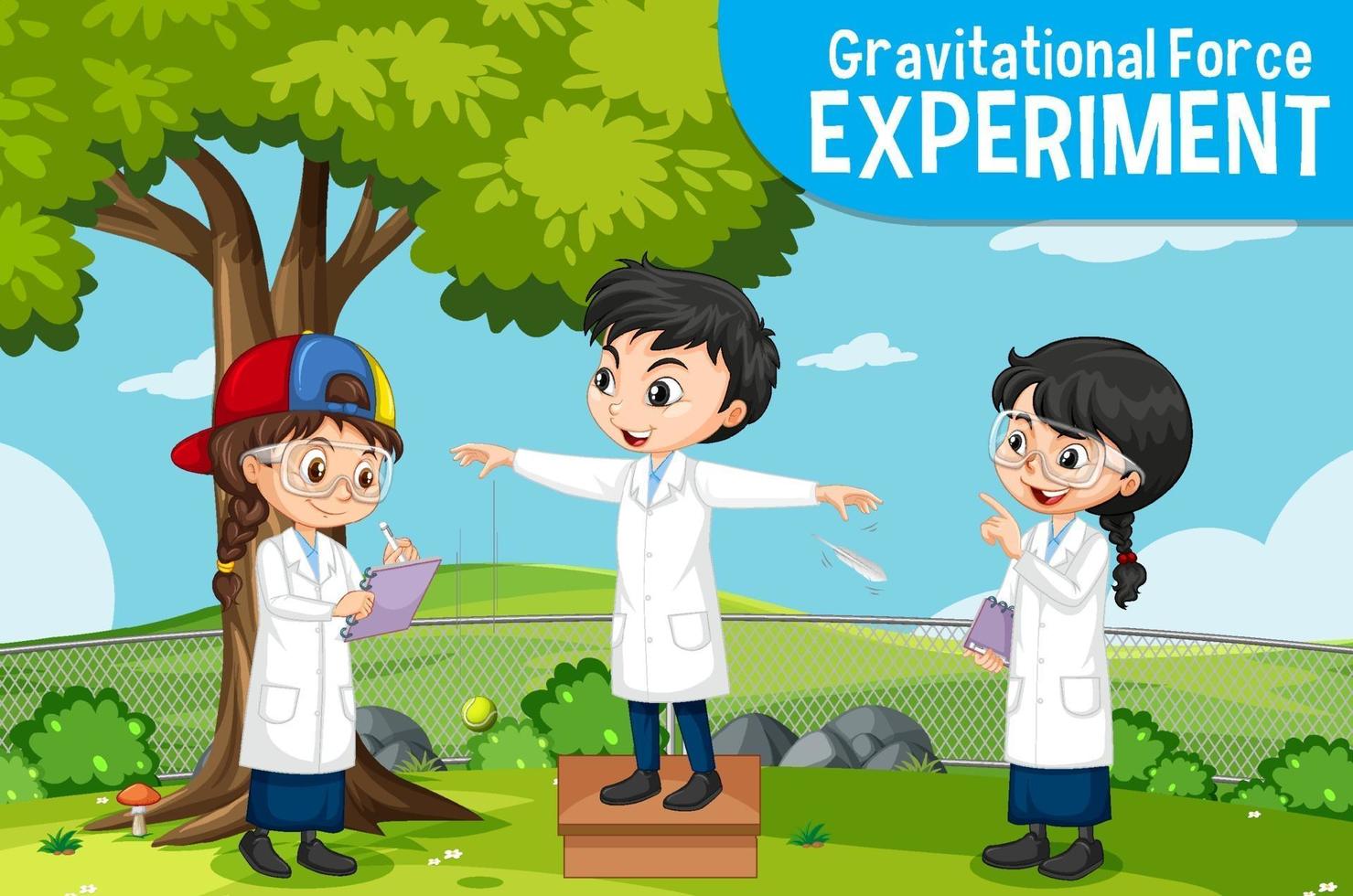 experimento de fuerza gravitacional con personaje de dibujos animados de niños científicos vector