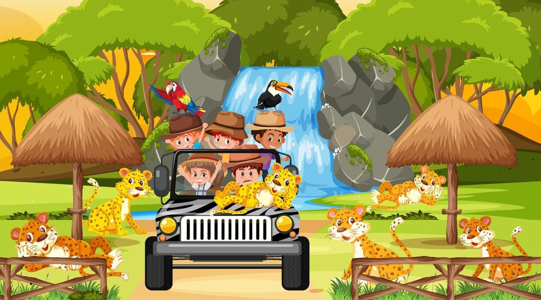 Safari at sunset scene with kids watching leopard group vector