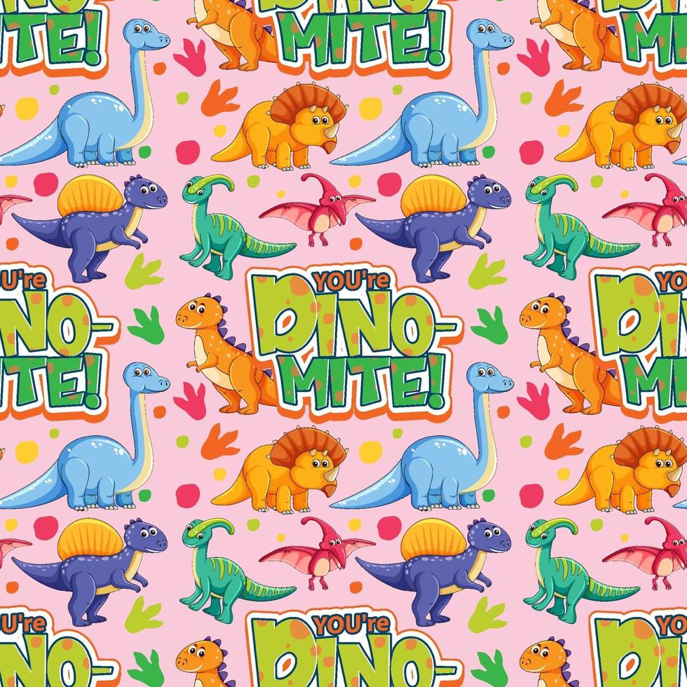 Seamless pattern with cute dinosaurs and font on pink background vector
