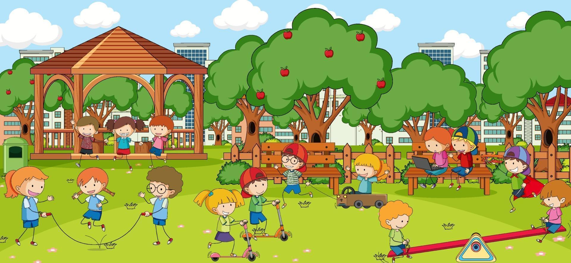 Outdoor scene with many kids playing in the park vector