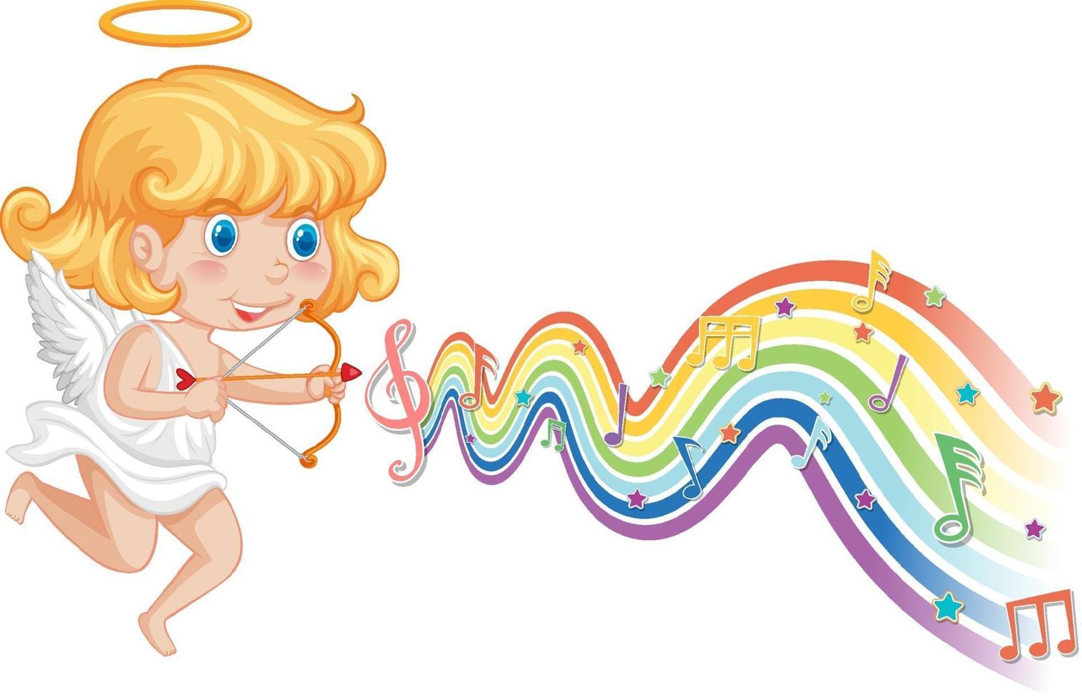 Cupid girl with melody symbols on rainbow wave vector