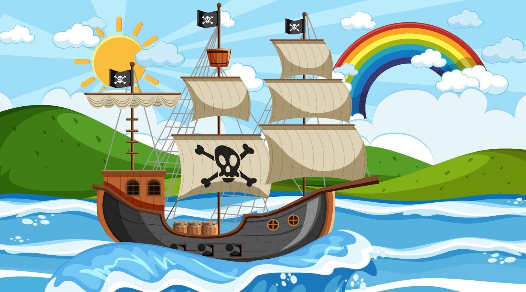 Ocean with Pirate ship at day time scene in cartoon style vector