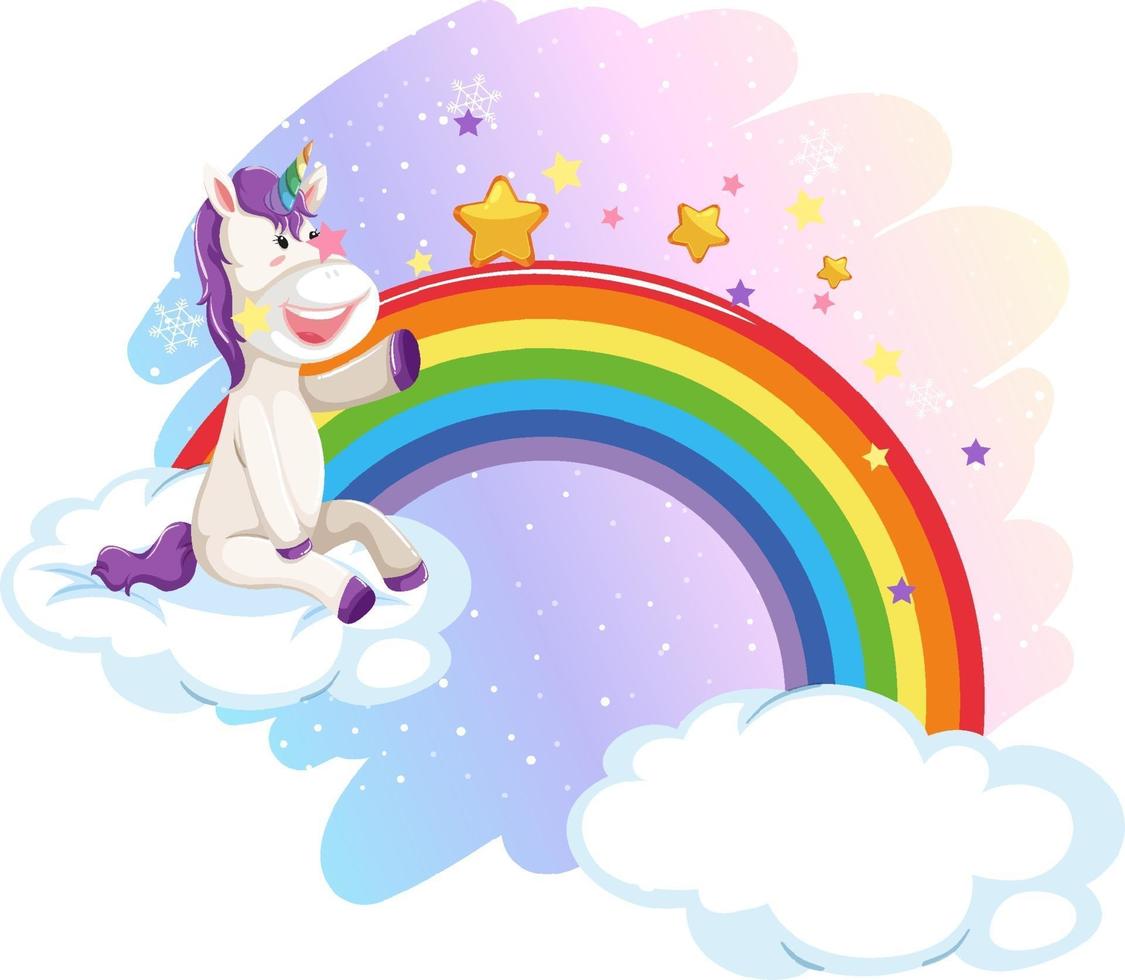 lindo unicornio en el cielo pastel con arcoiris vector