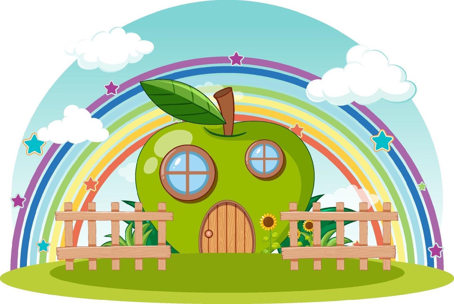 Green apple house with rainbow in the sky vector