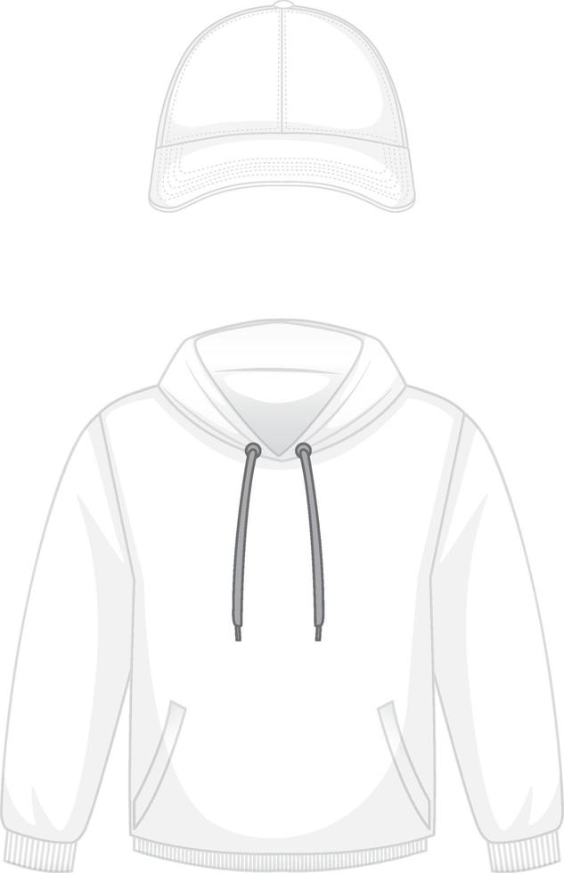 Parte delantera de la sudadera con capucha blanca básica y gorra aislada vector