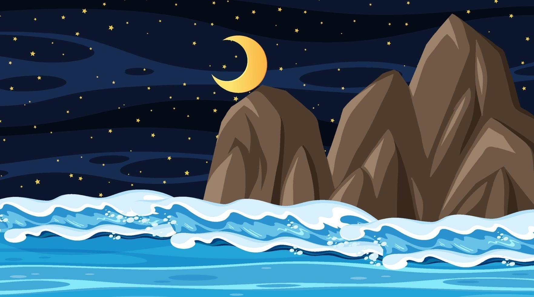 Beach landscape at night scene with ocean wave vector
