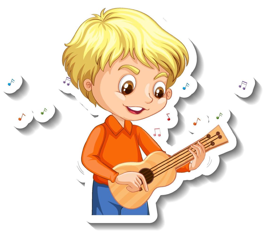 Diseño de pegatinas con un niño tocando el ukelele. vector