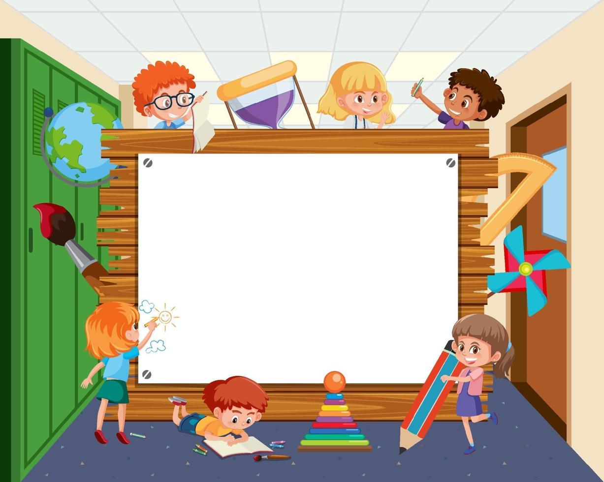 Empty wooden frame with school kids cartoon vector