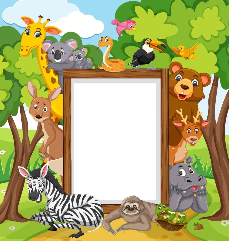 Empty wooden frame with various wild animals in the forest vector