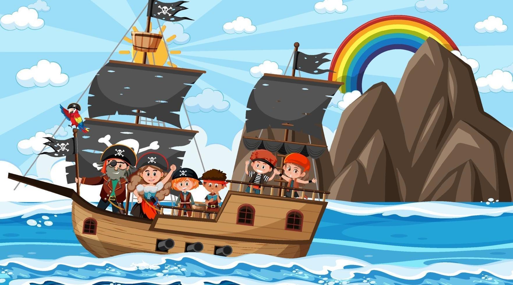 Escena del océano durante el día con niños piratas en el barco. vector