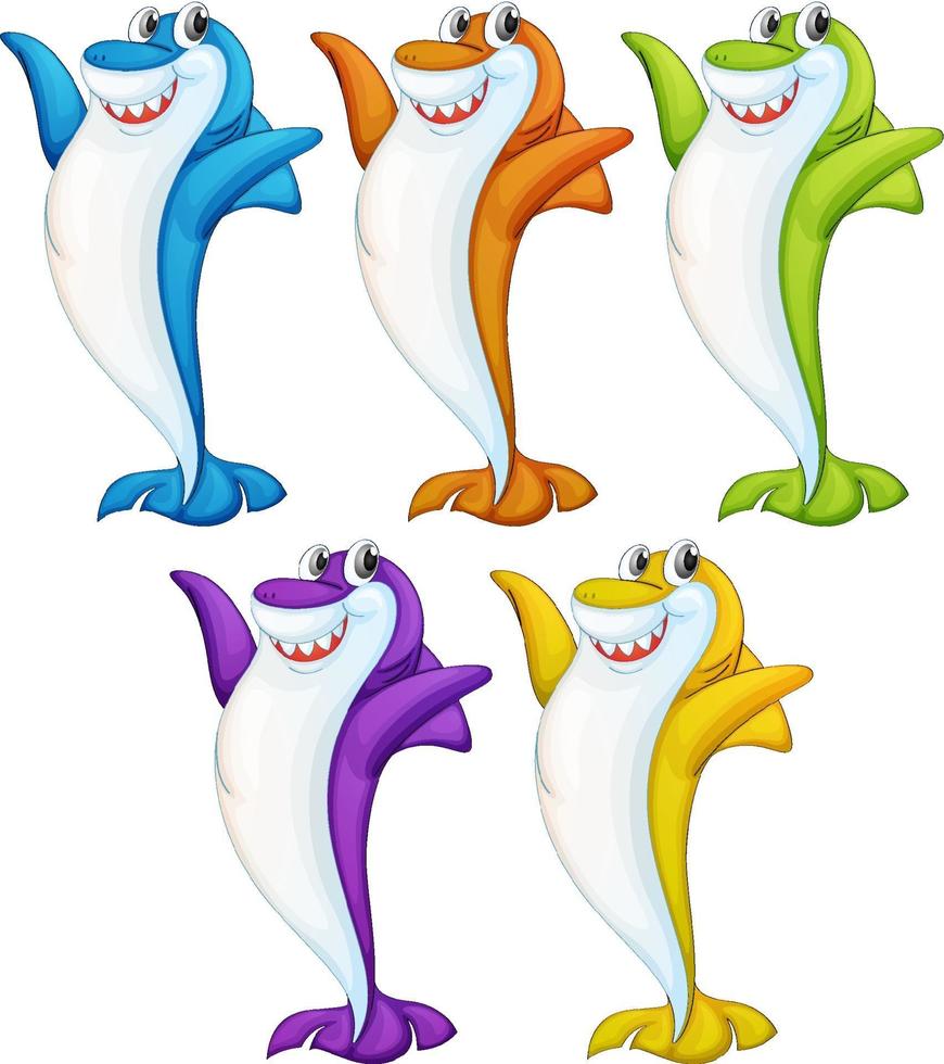 Many smiling cute shark cartoon character on white background vector