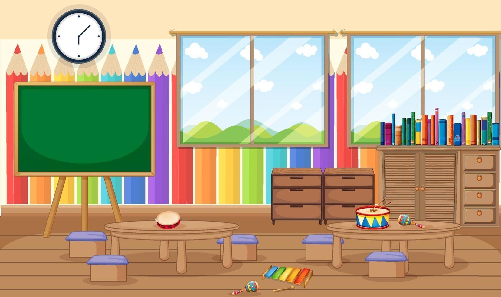 Empty kindergarten room with classroom objects and interior ...