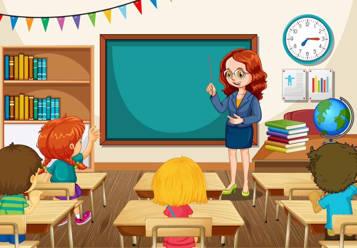 Teacher teaching students in the classroom scene vector