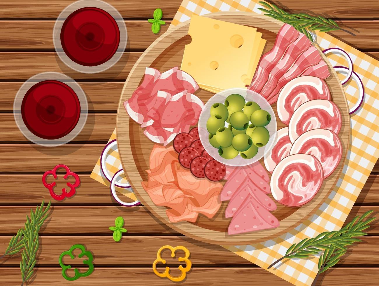 Platter of cold cuts and smoked meat on the table background vector