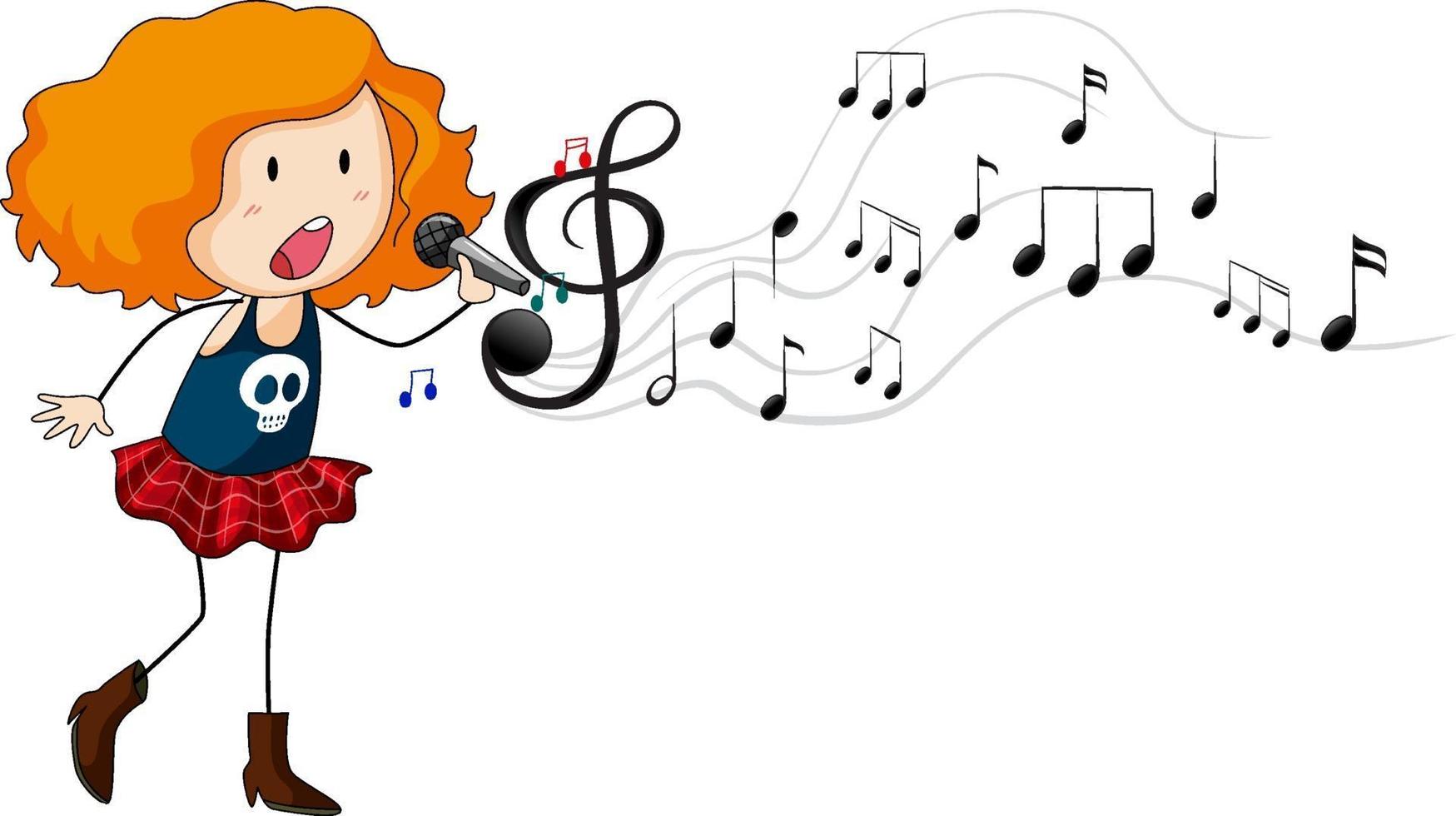 Doodle cartoon character of a singer girl with melody symbols vector