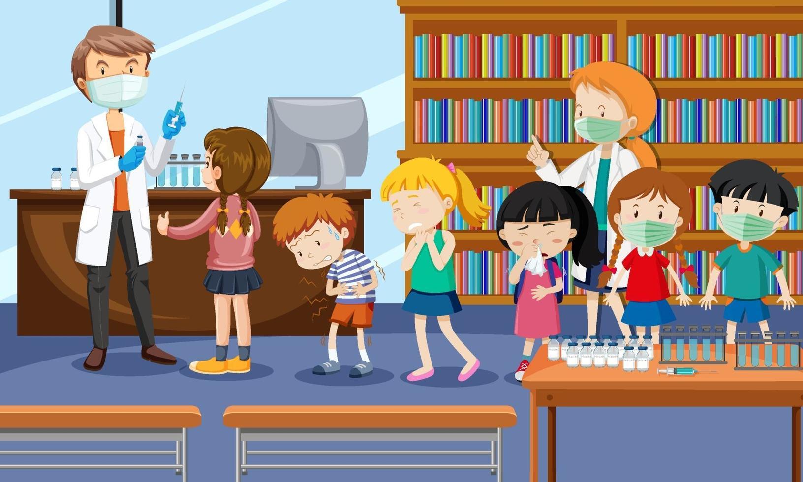Many kids waiting in queue to get vaccine in the hospital scene vector