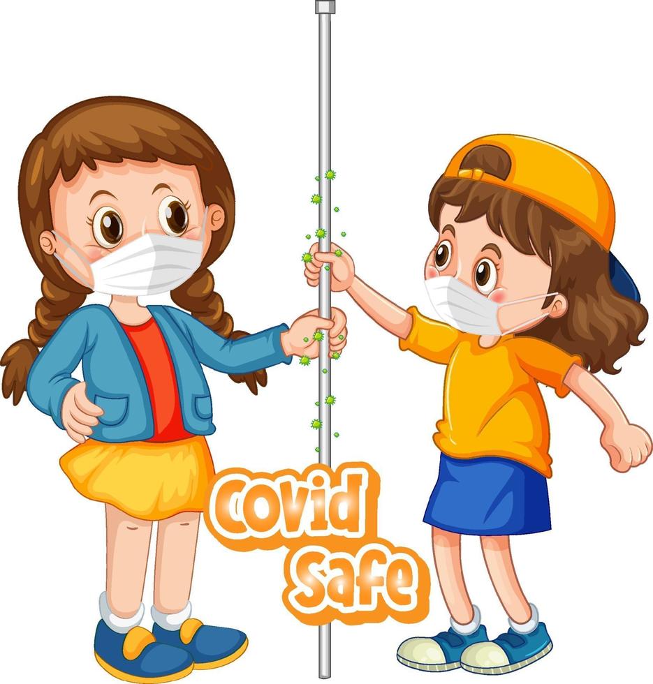 Two kids do not keep social distance with Covid Safe font vector