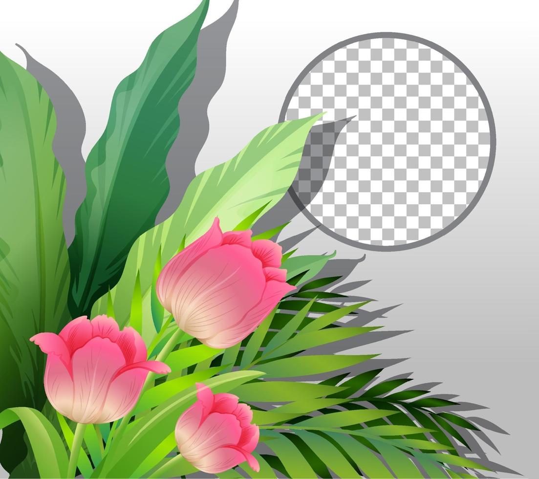 Round frame with pink flower and leaves template vector