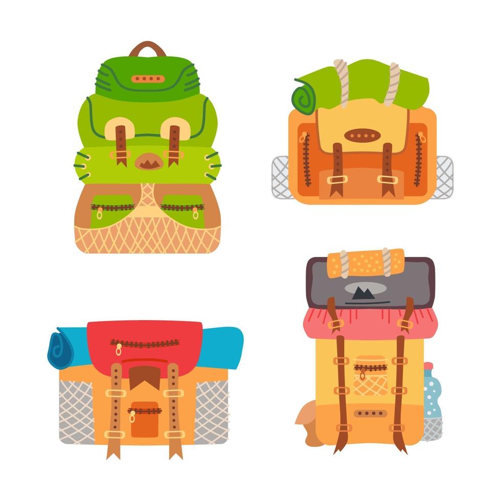 Camping backpack set. Vector of camping equipment.