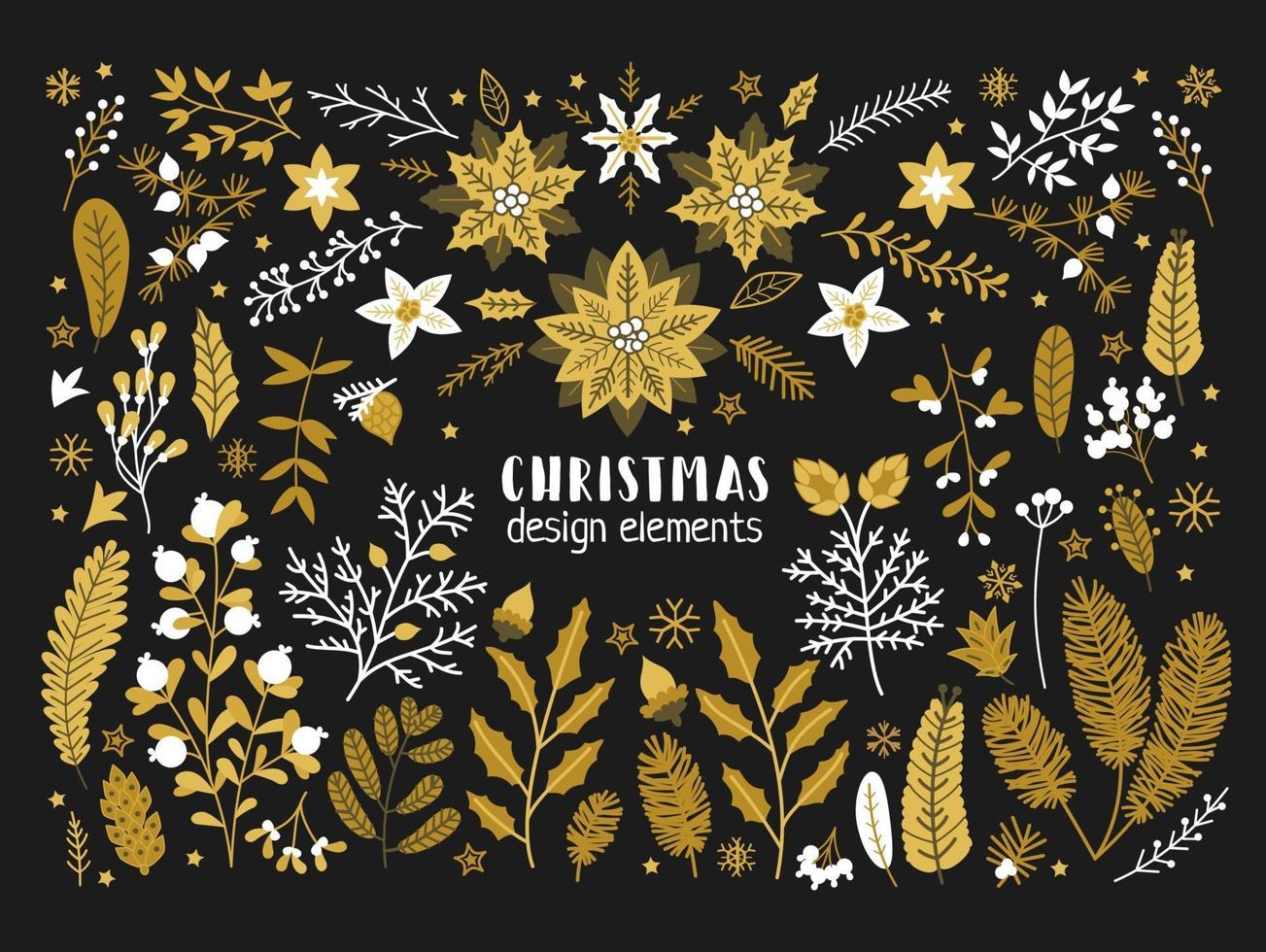 Christmas floral collection with golden design elements vector