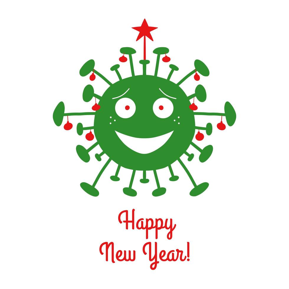 Happy New Year Cartoon coronavirus bacteria with red ornament and star vector
