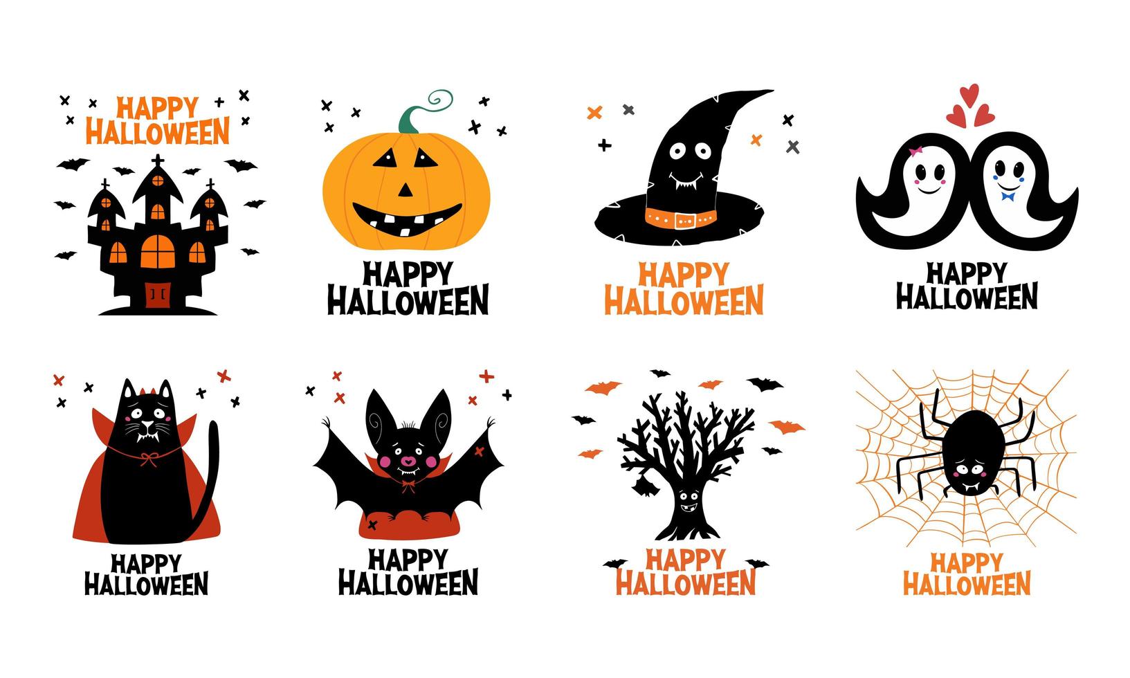Halloween greeting cards Castle witch hat ghost cat bat spider pumpkin vector