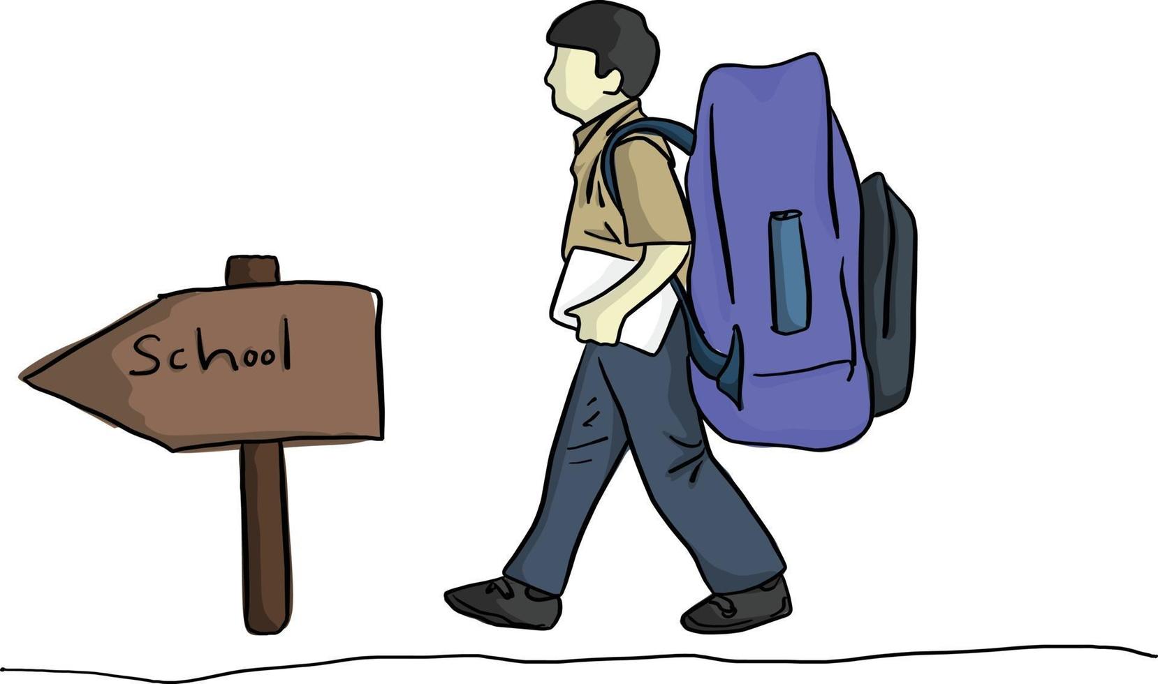 male student boy with very big school bag and wooden sign vector