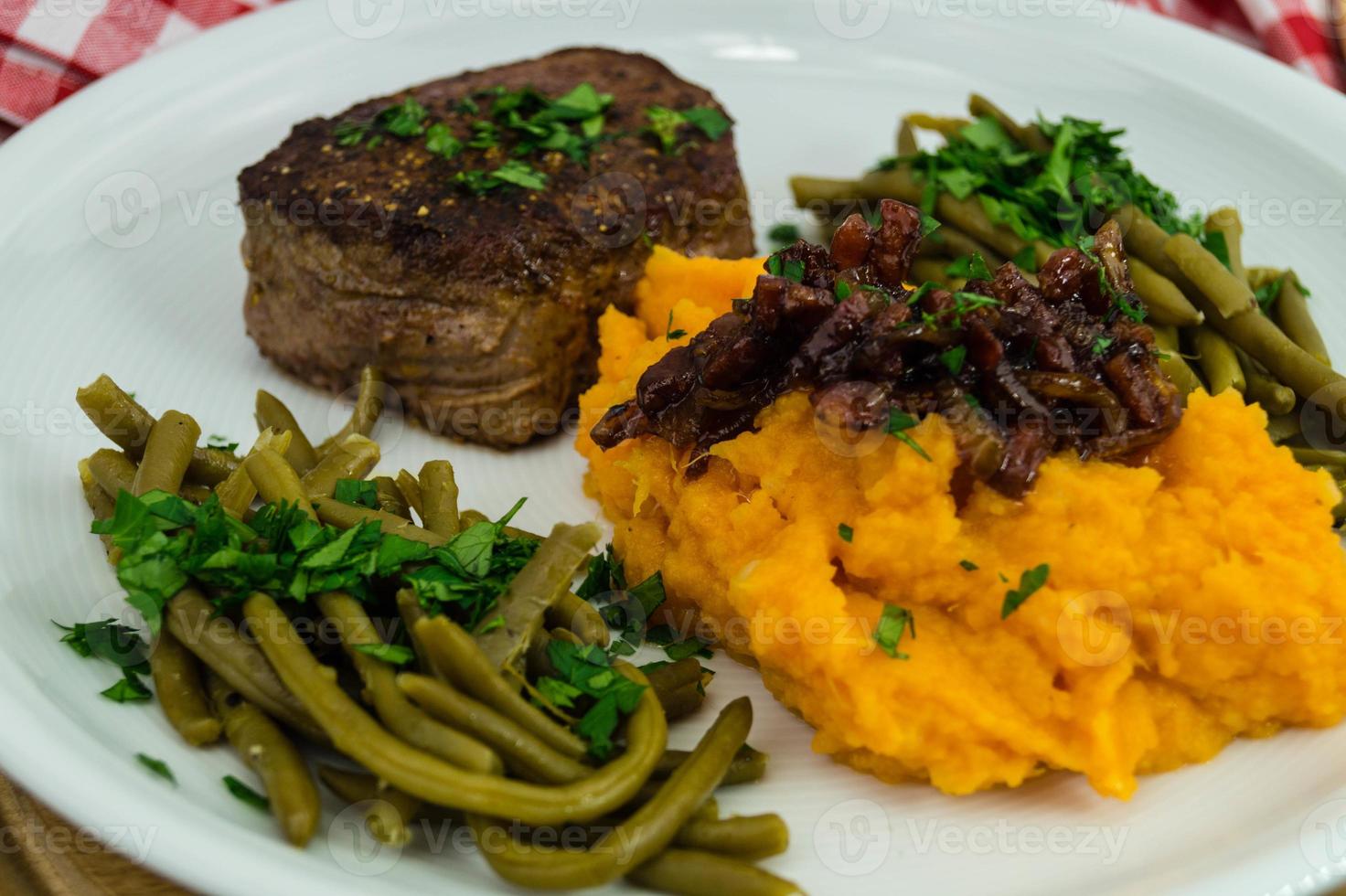 fried filet Steak with mashed potatoes photo