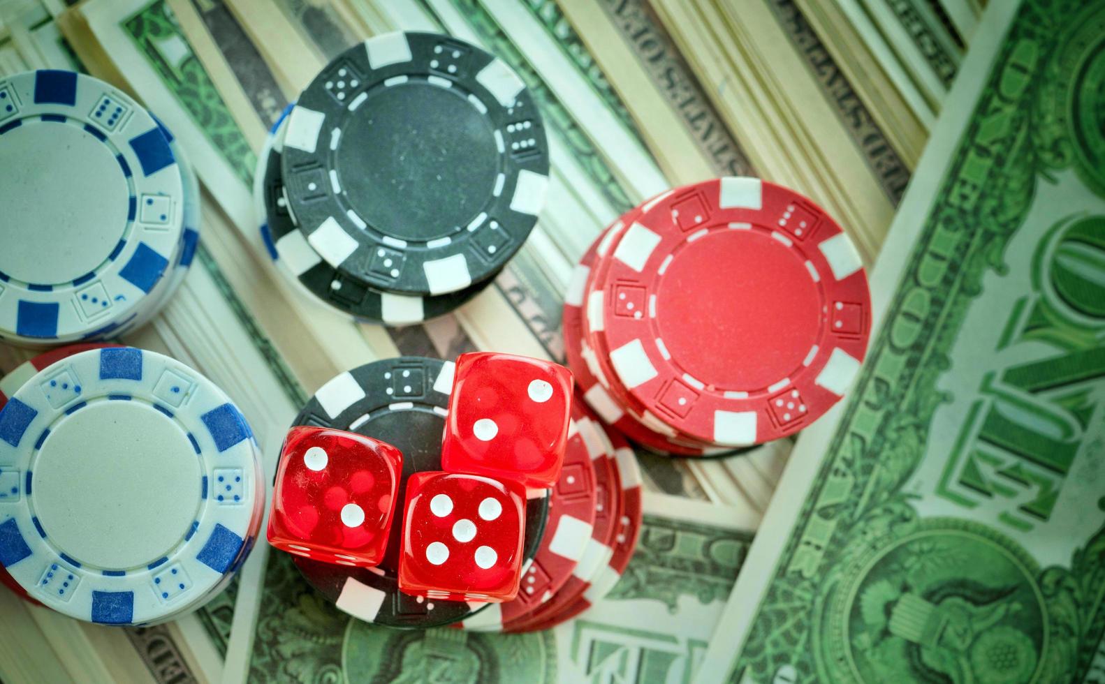 Red Dices Money Chips and Gambling Cards photo
