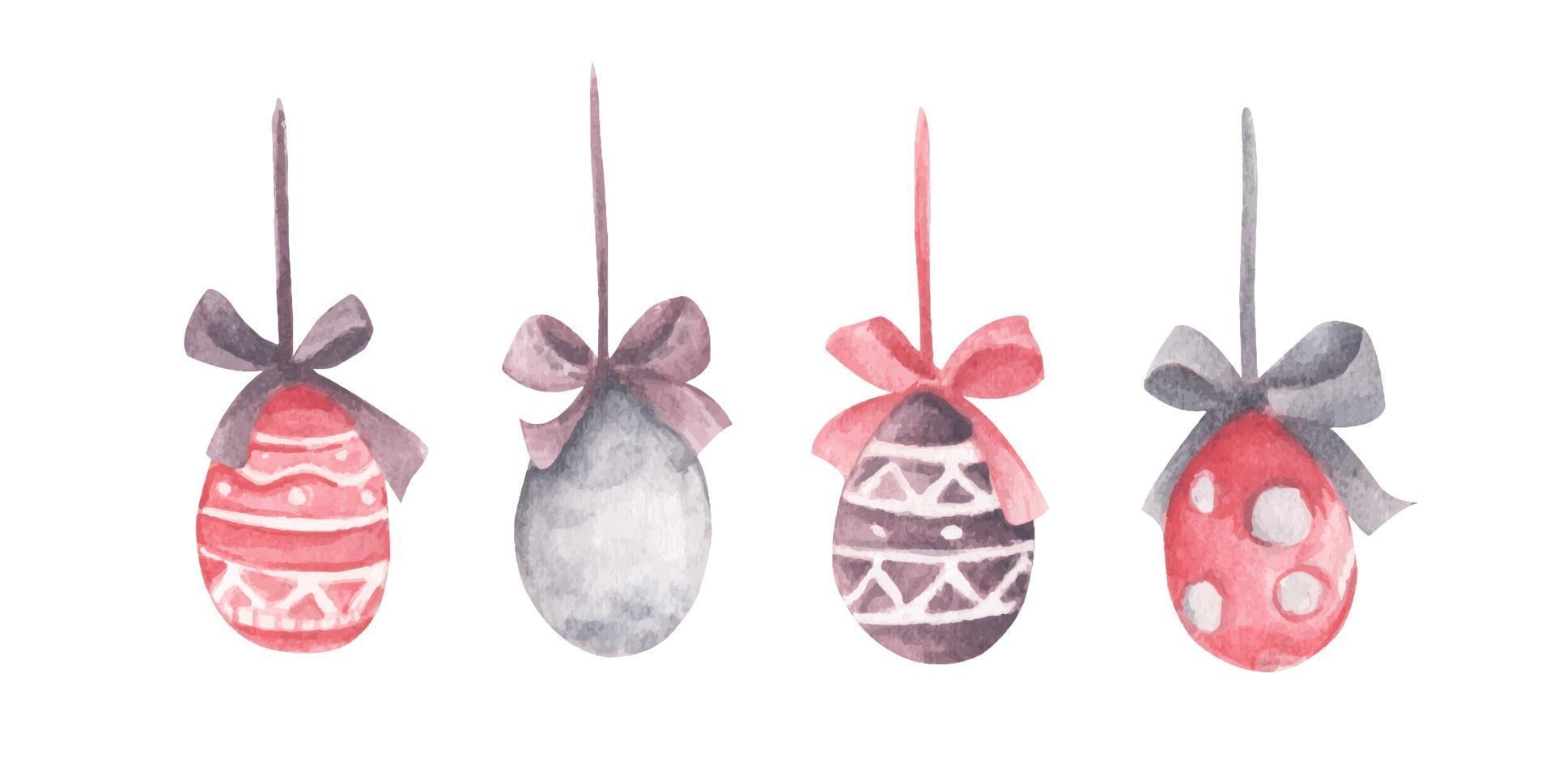 Easter Eggs hanging on ribbons. Watercolor illustration. vector