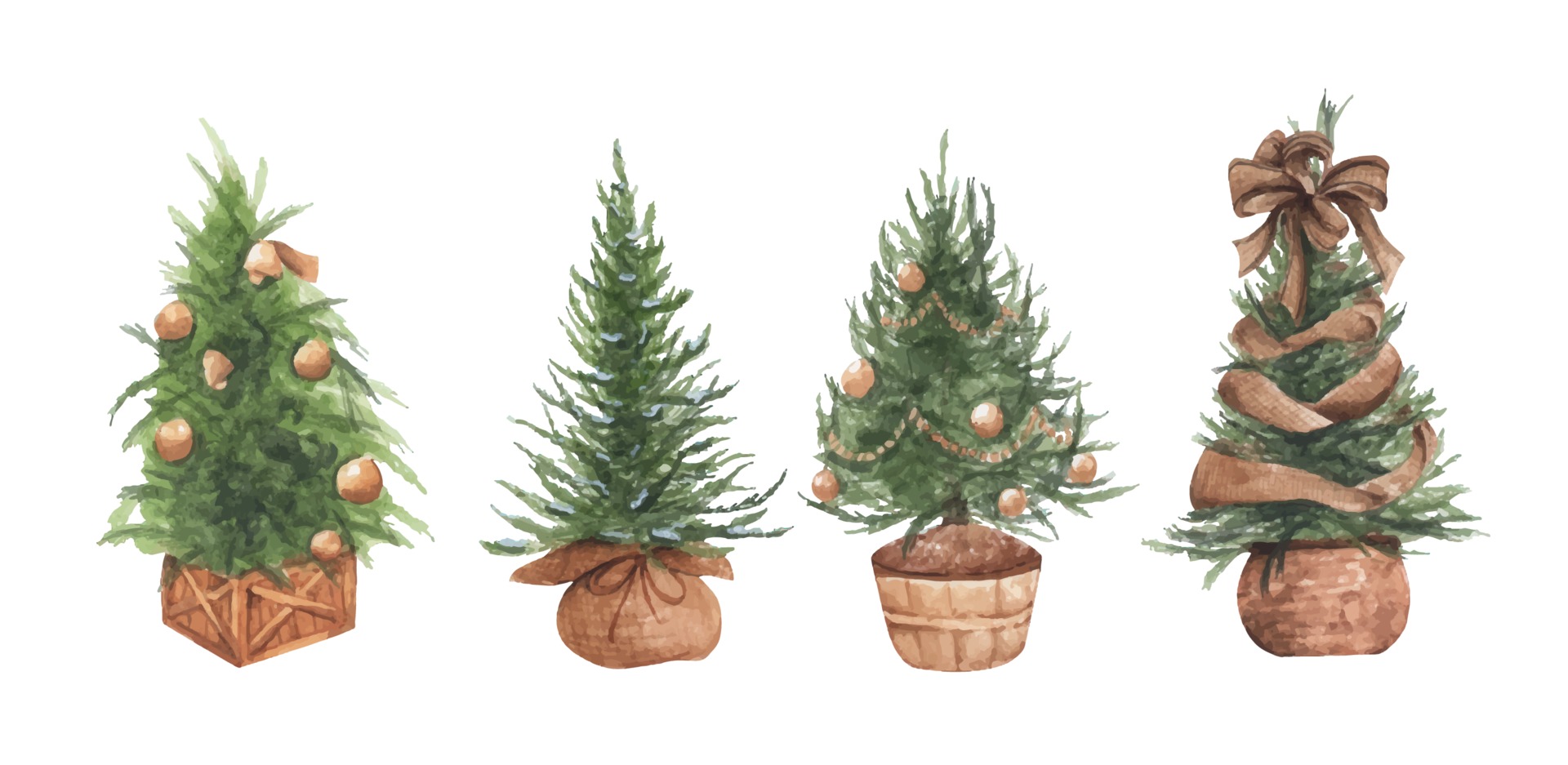 Watercolor illustration set of Christmas trees in pots. 3101619 Vector