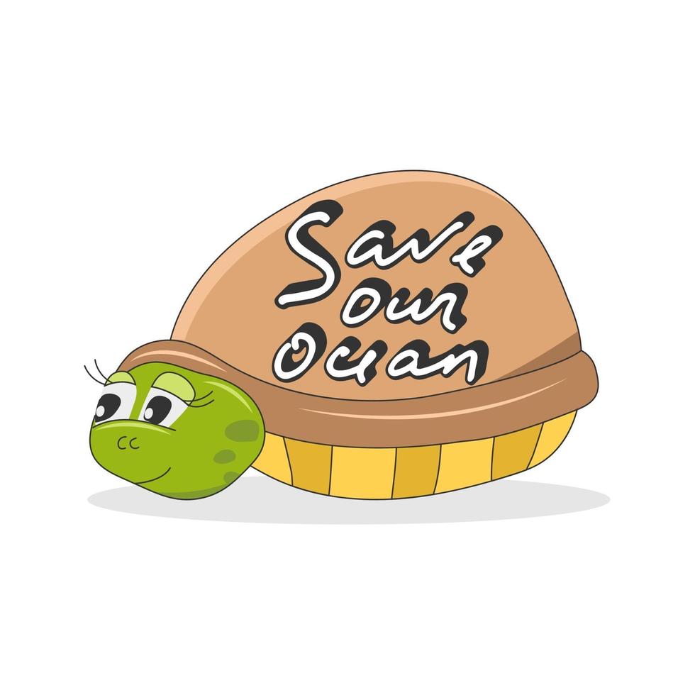 Save our ocean. Lettering with cute turtle character vector