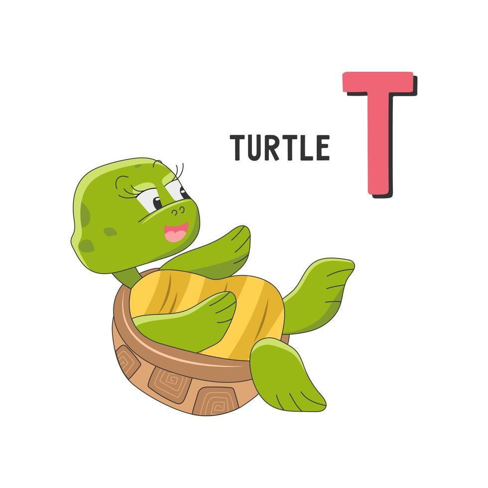 Capital letter T with cute smiling turtle character vector