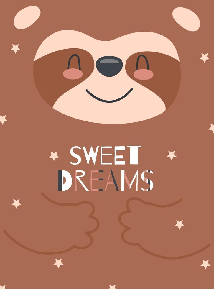 Greeting card or invitation for kids with cute cartoon sloth. vector