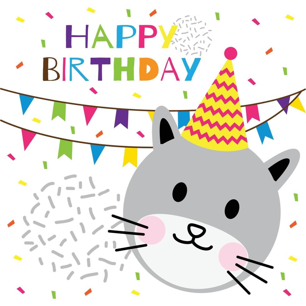 happy birthday text with cute head cat vector